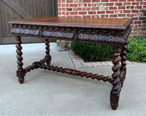 Antique French Desk Table Renaissance Revival Barley Twist Carved Oak