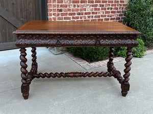 Antique French Desk Table Renaissance Revival Barley Twist Carved Oak