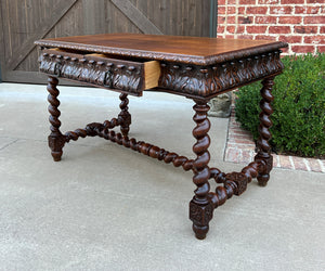 Antique French Desk Table Renaissance Revival Barley Twist Carved Oak