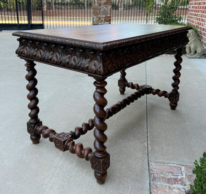 Antique French Desk Table Renaissance Revival Barley Twist Carved Oak