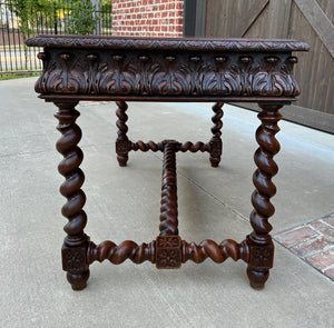 Antique French Desk Table Renaissance Revival Barley Twist Carved Oak