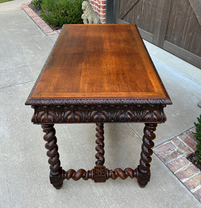 Antique French Desk Table Renaissance Revival Barley Twist Carved Oak