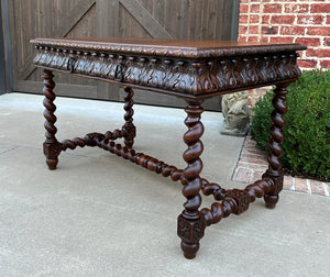 Antique French Desk Table Renaissance Revival Barley Twist Carved Oak