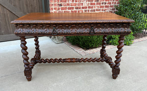 Antique French Desk Table Renaissance Revival Barley Twist Carved Oak