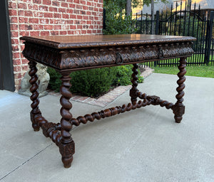 Antique French Desk Table Renaissance Revival Barley Twist Carved Oak