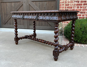 Antique French Desk Table Renaissance Revival Barley Twist Carved Oak