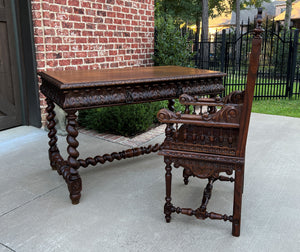 Antique French Desk Table Renaissance Revival Barley Twist Carved Oak