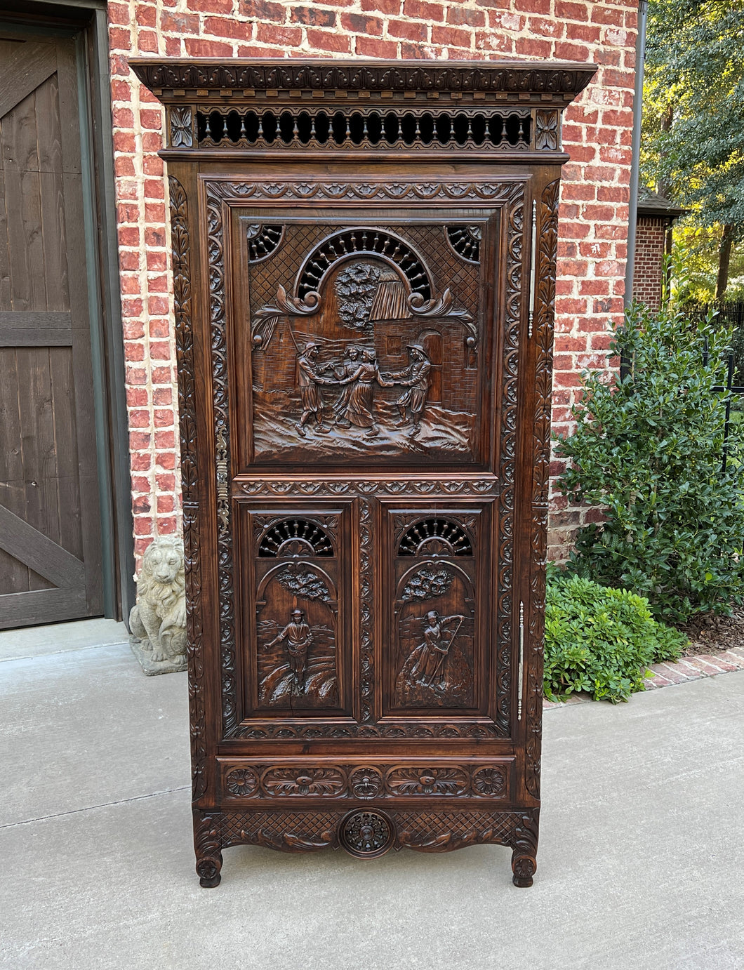 Antique French Breton Cabinet Bonnetiere Armoire Carved Wardrobe Oak Closet 19C