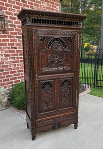 Antique French Breton Cabinet Bonnetiere Armoire Carved Wardrobe Oak Closet 19C