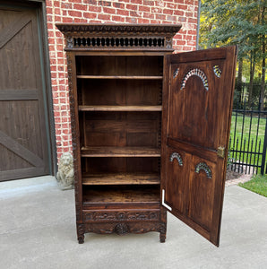 Antique French Breton Cabinet Bonnetiere Armoire Carved Wardrobe Oak Closet 19C