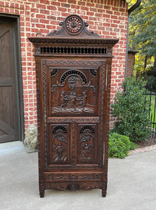 Antique French Breton Cabinet Bonnetiere Armoire Carved Wardrobe Oak Closet 19C