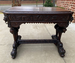 Antique French Desk Dolphin Table Renaissance Revival Carved Oak Drawer 19th C