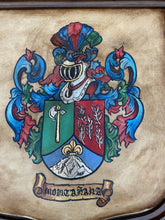 Load image into Gallery viewer, Antique French Wall Plaque Shield Coat of Arms Framed Walnut Parchment Painting