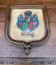 Load image into Gallery viewer, Antique French Wall Plaque Shield Coat of Arms Framed Walnut Parchment Painting