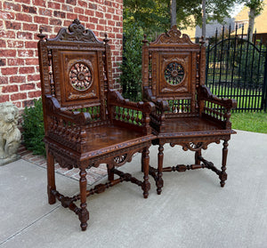Antique French PAIR Armchairs BRETON Desk Fireside or Throne Chairs c. 1890