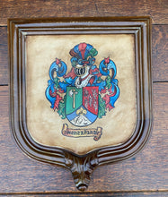 Load image into Gallery viewer, Antique French Wall Plaque Shield Coat of Arms Framed Walnut Parchment Painting