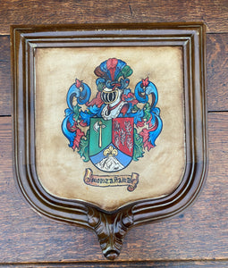 Antique French Wall Plaque Shield Coat of Arms Framed Walnut Parchment Painting