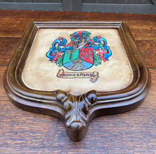 Load image into Gallery viewer, Antique French Wall Plaque Shield Coat of Arms Framed Walnut Parchment Painting