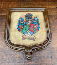 Load image into Gallery viewer, Antique French Wall Plaque Shield Coat of Arms Framed Walnut Parchment Painting