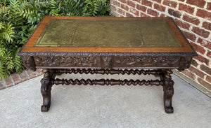Antique English Desk Table with Drawers Carved Oak Leather Top Barley Twist 19 C