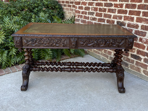 Antique English Desk Table with Drawers Carved Oak Leather Top Barley Twist 19 C