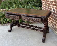 Load image into Gallery viewer, Antique English Desk Table with Drawers Carved Oak Leather Top Barley Twist 19 C