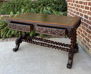 Antique English Desk Table with Drawers Carved Oak Leather Top Barley Twist 19 C