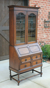 Antique English Secretary Desk Bookcase Fall Front Stained Glass BarleyTwist Oak