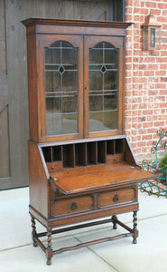 Antique English Secretary Desk Bookcase Fall Front Stained Glass BarleyTwist Oak