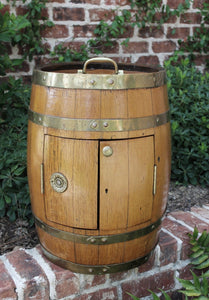 Antique English Oak Brass Banded Barrel Bar Wine Liquor Cabinet Pub Decanter