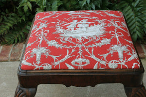 Antique French Bench Foot Stool Red Toile Upholstery Vanity Stool Walnut