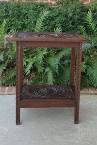 Antique English Oak End Table 2-Tier Highly Carved Trees Vines Side Table