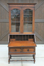 Load image into Gallery viewer, Antique English Secretary Desk Bookcase Fall Front Stained Glass BarleyTwist Oak