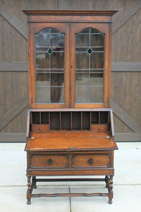 Antique English Secretary Desk Bookcase Fall Front Stained Glass BarleyTwist Oak