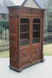 Antique French Barley Twist Bookcase Oak Cabinet w Drawer Renaissance Revival