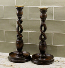 Load image into Gallery viewer, PAIR Antique English Oak Open Barley Twist Candlesticks Candle Holders TALL FS