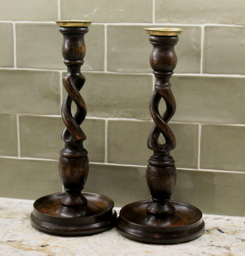 PAIR Antique English Oak Open Barley Twist Candlesticks Candle Holders TALL FS