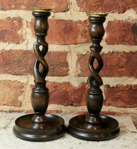 PAIR Antique English Oak Open Barley Twist Candlesticks Candle Holders TALL FS