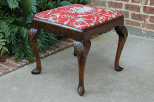 Antique French Bench Foot Stool Red Toile Upholstery Vanity Stool Walnut