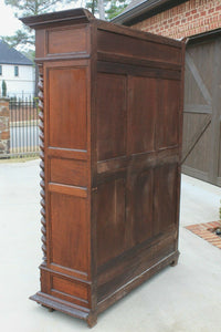 Antique French Barley Twist Bookcase Oak Cabinet w Drawer Renaissance Revival