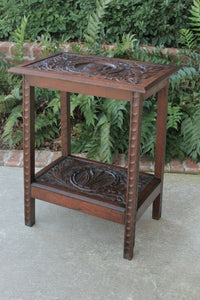 Antique English Oak End Table 2-Tier Highly Carved Trees Vines Side Table