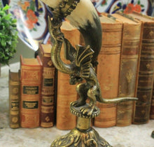 Load image into Gallery viewer, Antique French PAIR Trophy Drinking Horns Hunt Brass Renaissance DRAGONS Statue