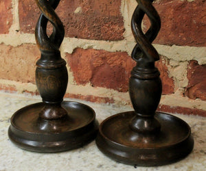 PAIR Antique English Oak Open Barley Twist Candlesticks Candle Holders TALL FS