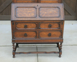 Antique English Secretary Desk Bookcase Fall Front Stained Glass BarleyTwist Oak