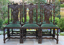 Load image into Gallery viewer, Antique English Chairs SET of 6 Renaissance Revival Oak Dining Maker&#39;s Tag 1890s