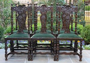 Antique English Chairs SET of 6 Renaissance Revival Oak Dining Maker's Tag 1890s