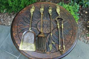 Antique English Brass Fireplace Tool Set Accessories GOTHIC Hearth Set PETITE