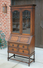 Load image into Gallery viewer, Antique English Secretary Desk Bookcase Fall Front Stained Glass BarleyTwist Oak