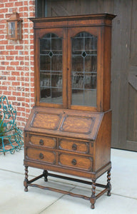 Antique English Secretary Desk Bookcase Fall Front Stained Glass BarleyTwist Oak