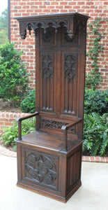 Antique French Carved Oak HALL SEAT MONK'S BENCH Throne Chair Canopy TALL 19th C